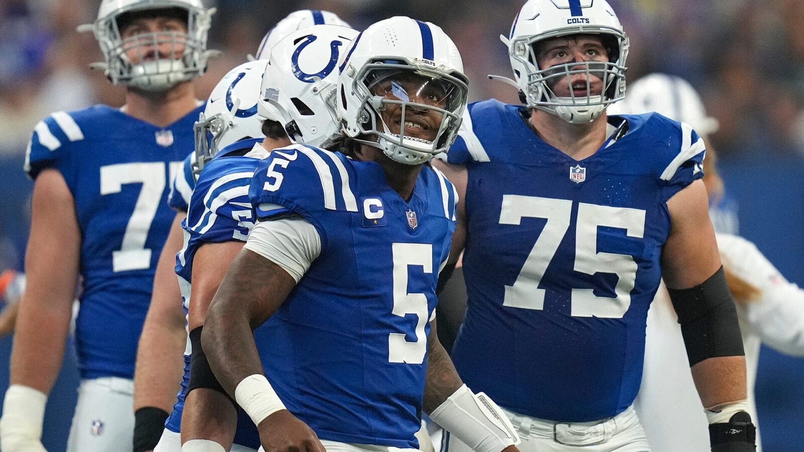 Indianapolis Colts quarterback Anthony Richardson (5) and fellow members of the Colts offensive line look to the score board after a play ended in the Los Angeles Rams' favor during the first half of the game Sunday, Oct. 1, 2023, at Lucas Oil Stadium in Indianapolis.