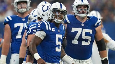 Indianapolis Colts quarterback Anthony Richardson (5) and fellow members of the Colts offensive line look to the score board after a play ended in the Los Angeles Rams' favor during the first half of the game Sunday, Oct. 1, 2023, at Lucas Oil Stadium in Indianapolis.