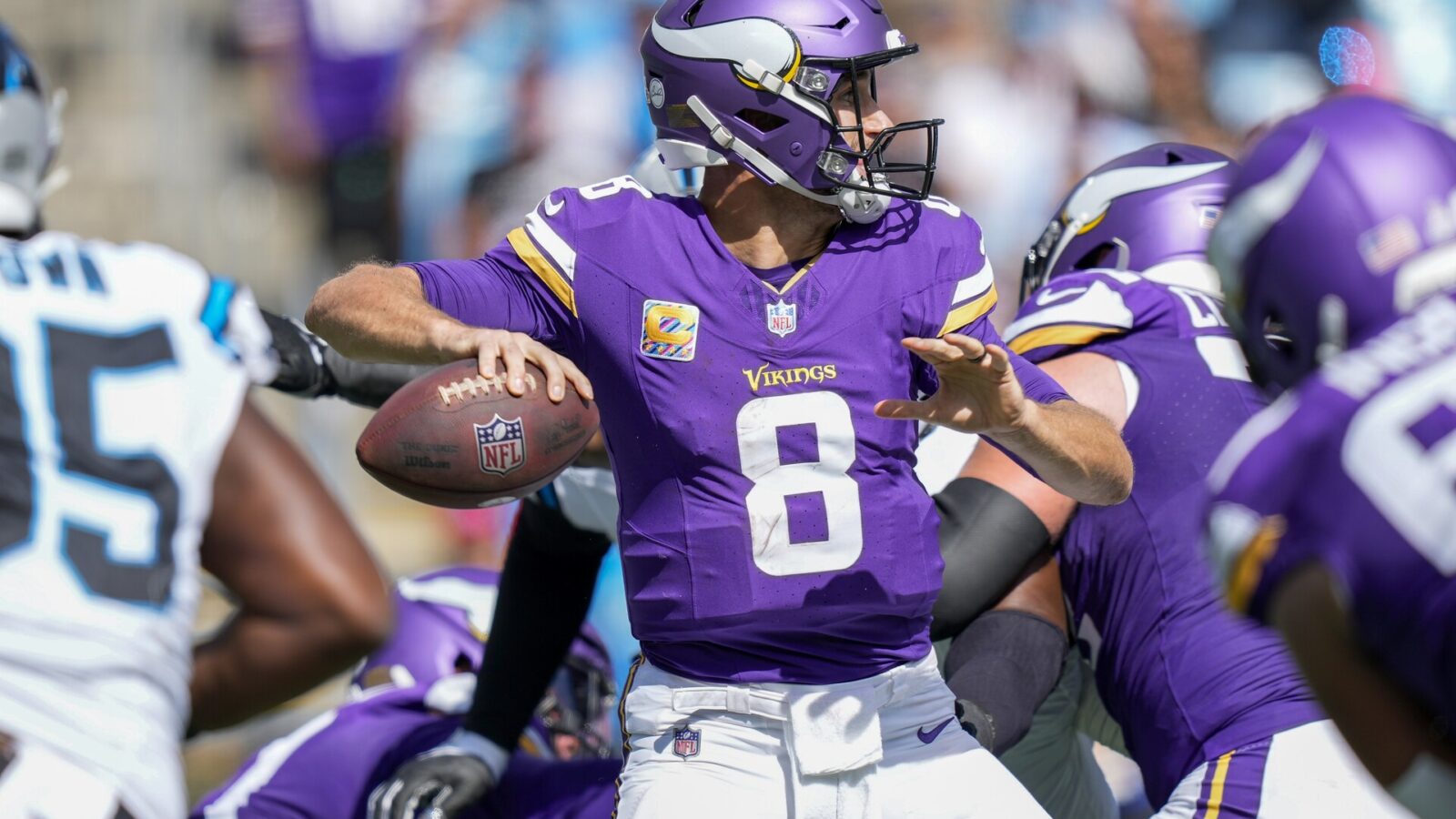 Oct 1, 2023; Charlotte, North Carolina, USA; Minnesota Vikings quarterback Kirk Cousins (8) passes during the second half against the Carolina Panthers at Bank of America Stadium.