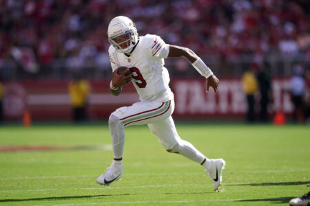 Oct 1, 2023; Santa Clara, California, USA; Arizona Cardinals quarterback Joshua Dobbs (9) runs the ball against the San Francisco 49ers in the third quarter at Levi's Stadium.