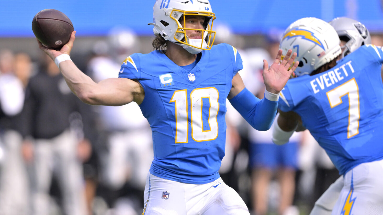 Oct 1, 2023; Inglewood, California, USA; Los Angeles Chargers quarterback Justin Herbert (10) throws a pass in the second half against the Las Vegas Raiders at SoFi Stadium