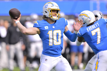 Oct 1, 2023; Inglewood, California, USA; Los Angeles Chargers quarterback Justin Herbert (10) throws a pass in the second half against the Las Vegas Raiders at SoFi Stadium