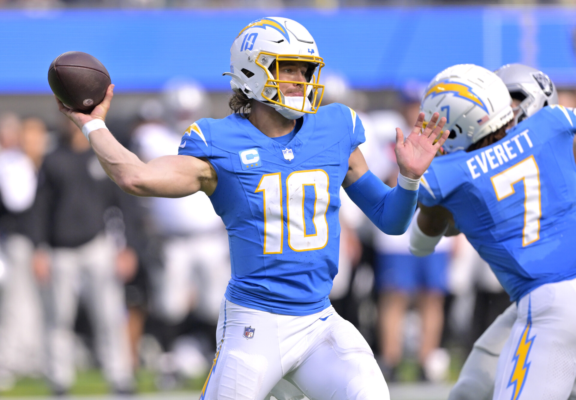 Oct 1, 2023; Inglewood, California, USA; Los Angeles Chargers quarterback Justin Herbert (10) throws a pass in the second half against the Las Vegas Raiders at SoFi Stadium