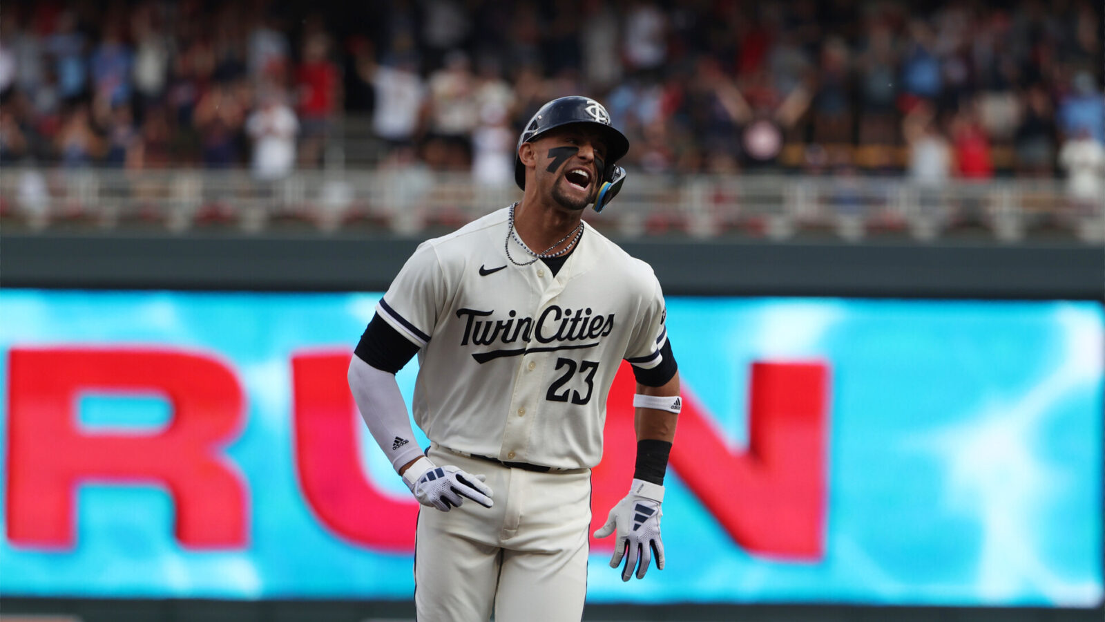 Minnesota Twins short stop Royce Lewis (23) reacts after hitting a two-run home run in the first inning against the Toronto Blue Jays during game one of the Wildcard series for the 2023 MLB playoffs at Target Field.
