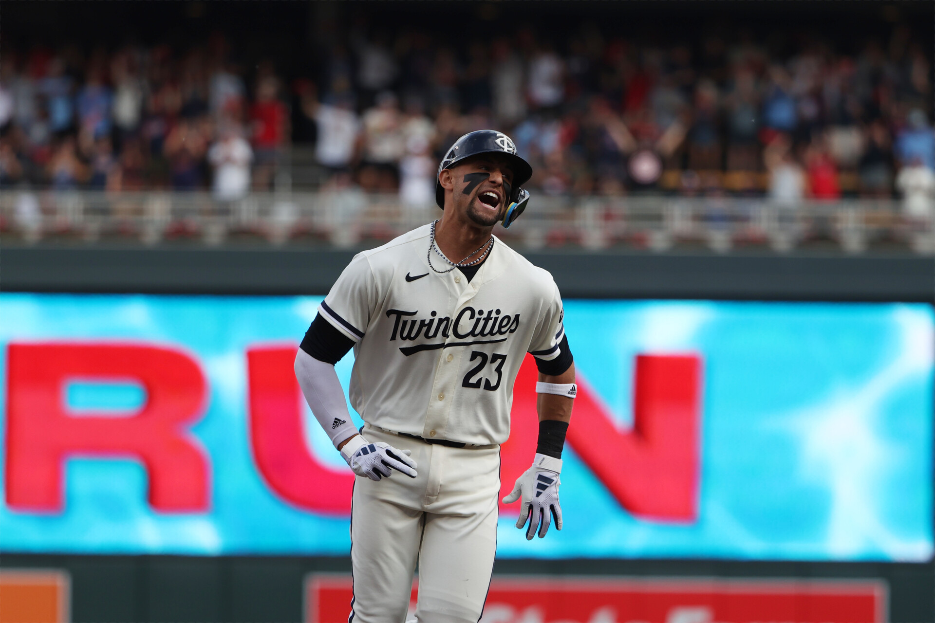 Minnesota Twins short stop Royce Lewis (23) reacts after hitting a two-run home run in the first inning against the Toronto Blue Jays during game one of the Wildcard series for the 2023 MLB playoffs at Target Field.