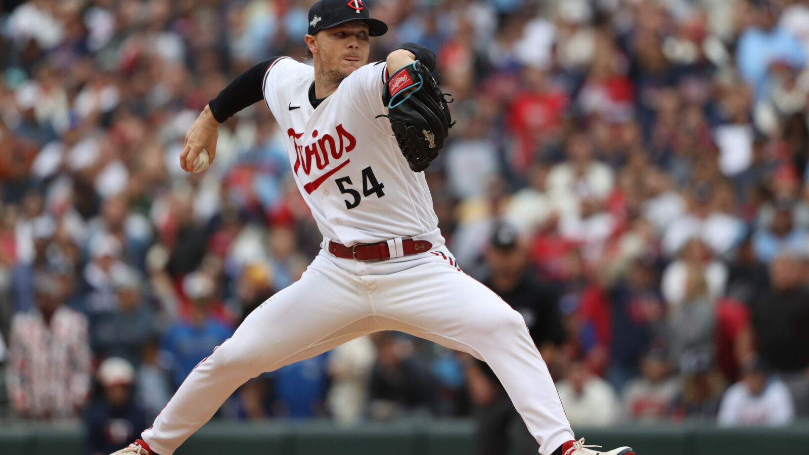 Oct 4, 2023; Minneapolis, Minnesota, USA; Minnesota Twins starting pitcher Sonny Gray (54) throws a pitch in the first inning against the Toronto Blue Jays during game two of the Wildcard series for the 2023 MLB playoffs at Target Field.