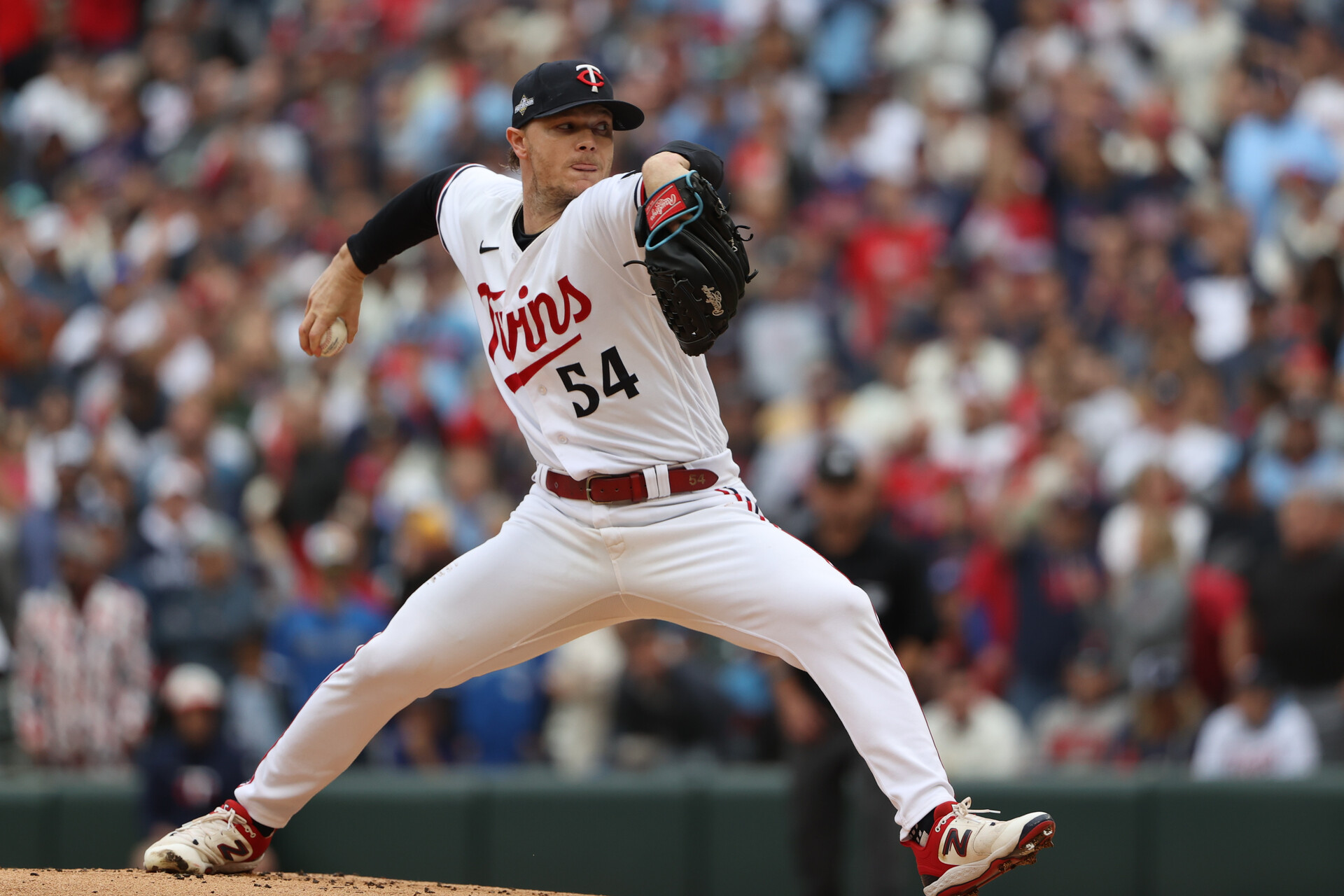 Oct 4, 2023; Minneapolis, Minnesota, USA; Minnesota Twins starting pitcher Sonny Gray (54) throws a pitch in the first inning against the Toronto Blue Jays during game two of the Wildcard series for the 2023 MLB playoffs at Target Field.