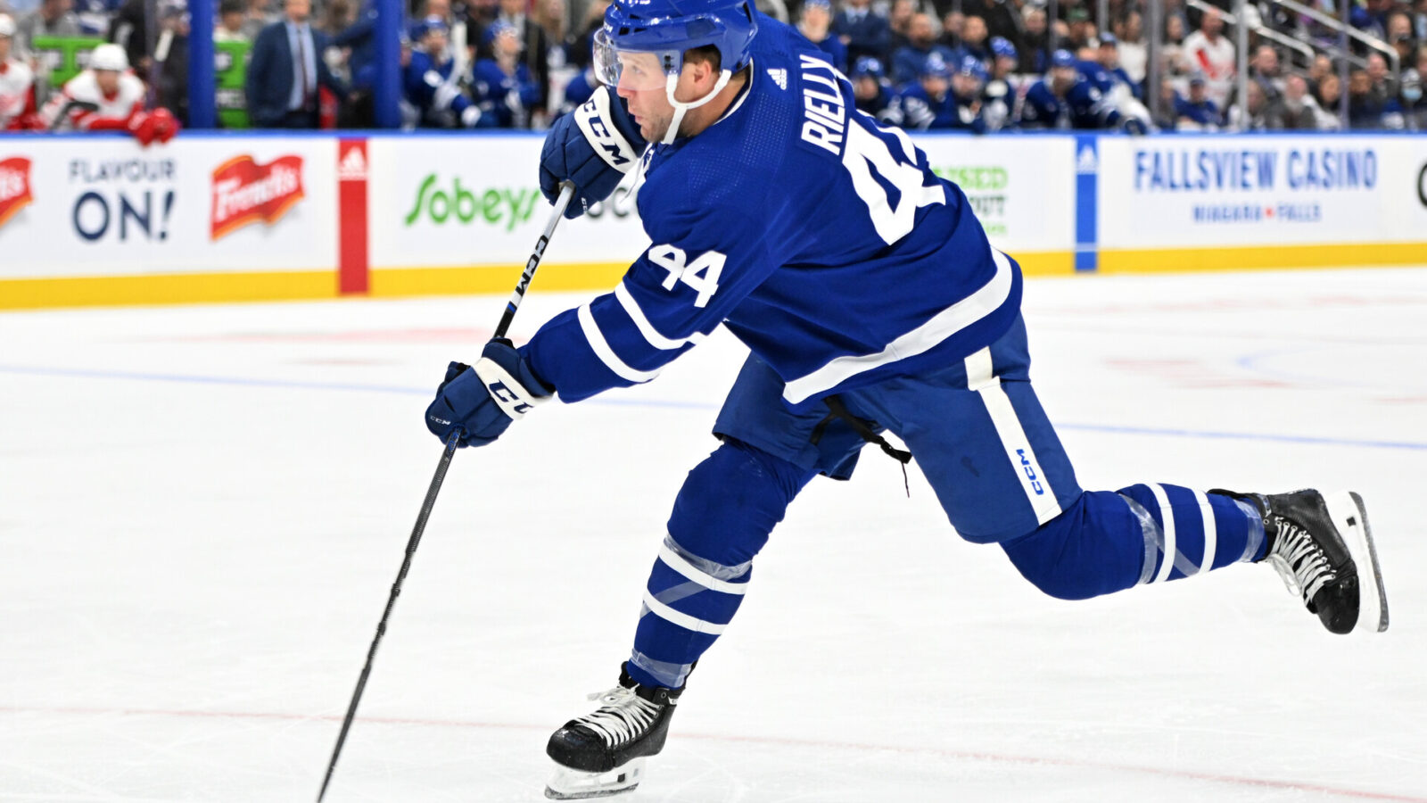 Oct 5, 2023; Toronto, Ontario, CAN; Toronto Maple Leafs defenseman Morgan Rielly (44) shoots the puck against the Detroit Red Wings in the first period at Scotiabank Arena.