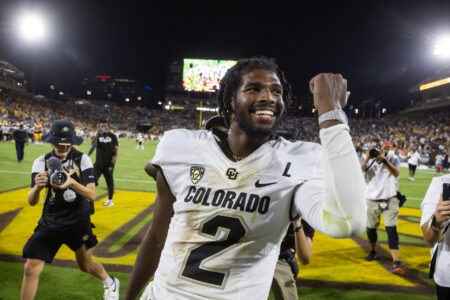 Colorado Buffaloes quarterback Shedeur Sanders (2) celebrates after defeating the Arizona State Sun Devils at Mountain America Stadium, Home of the ASU Sun Devils.