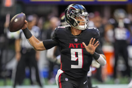 Oct 8, 2023; Atlanta, Georgia, USA; Atlanta Falcons quarterback Desmond Ridder (9) passes the ball against the Houston Texans during the first quarter at Mercedes-Benz Stadium