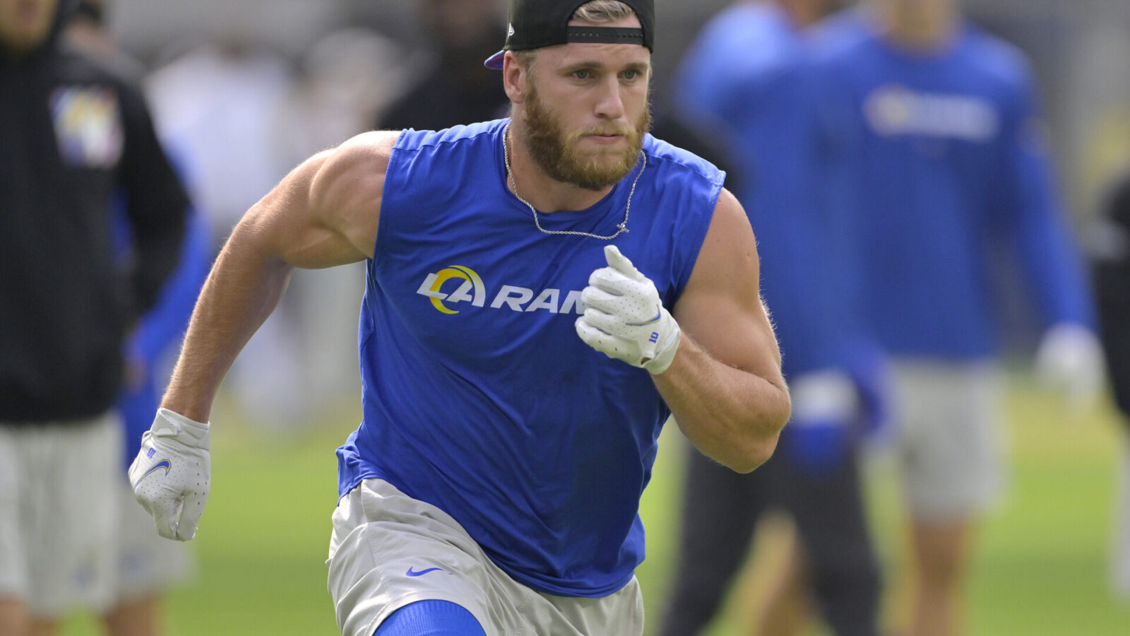 Oct 8, 2023; Inglewood, California, USA; Los Angeles Rams wide receiver Cooper Kupp (10) warms up prior to the game against the Philadelphia Eagles at SoFi Stadium.