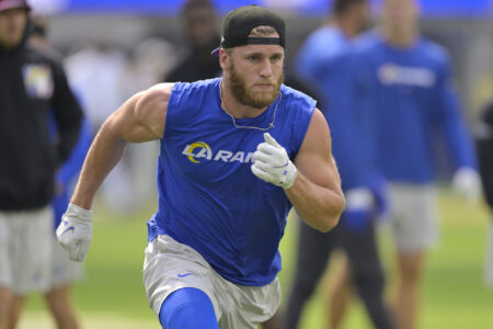 Oct 8, 2023; Inglewood, California, USA; Los Angeles Rams wide receiver Cooper Kupp (10) warms up prior to the game against the Philadelphia Eagles at SoFi Stadium.