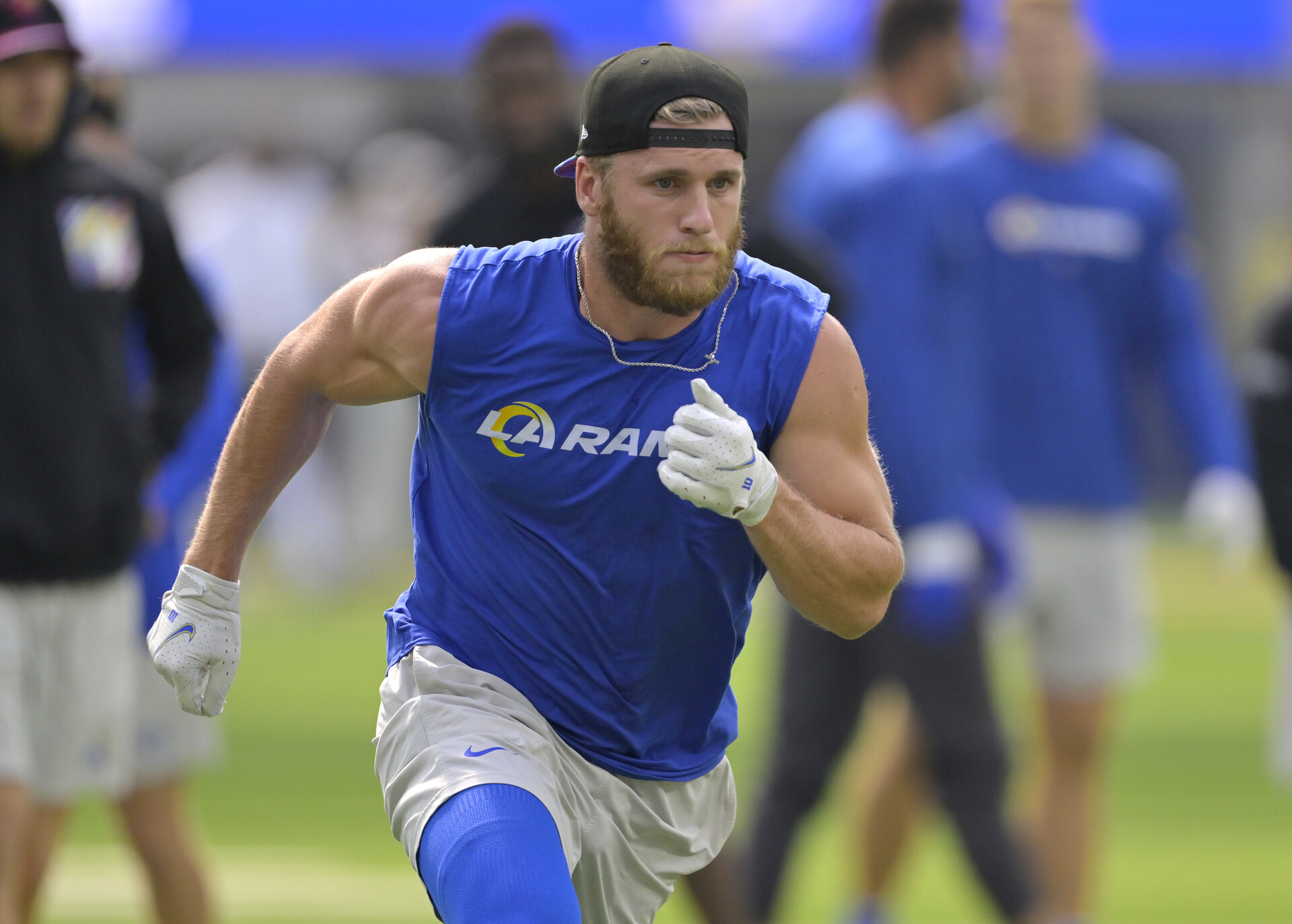 Oct 8, 2023; Inglewood, California, USA; Los Angeles Rams wide receiver Cooper Kupp (10) warms up prior to the game against the Philadelphia Eagles at SoFi Stadium.
