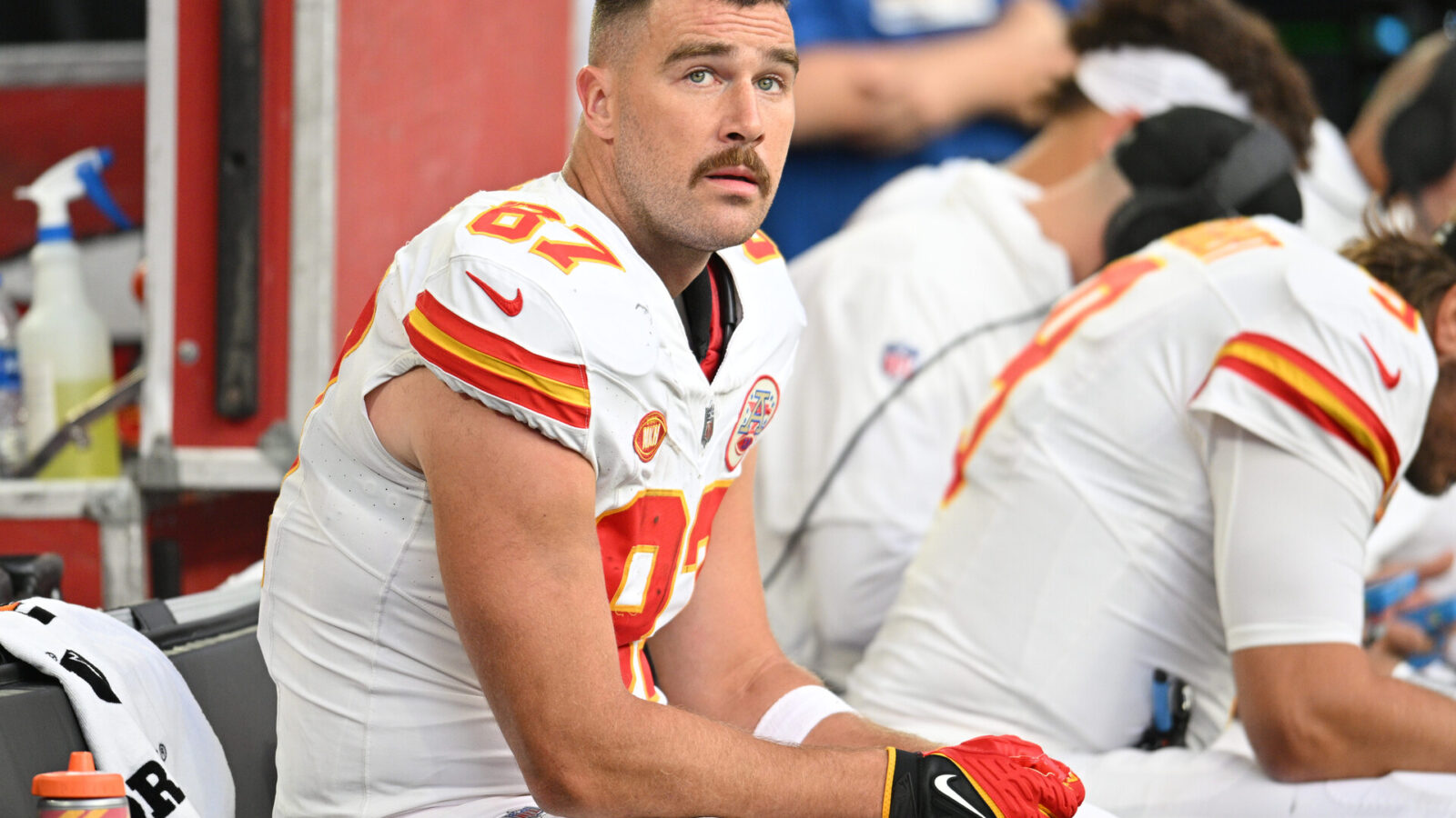 Kansas City Chiefs tight end Travis Kelce (87) looks on from the bench against the Minnesota Vikings during the second quarter at U.S. Bank Stadium.