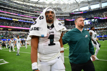 Oct 8, 2023; Inglewood, California, USA; Philadelphia Eagles quarterback Jalen Hurts (1) reacts following the victory against the Los Angeles Rams at SoFi Stadium.
