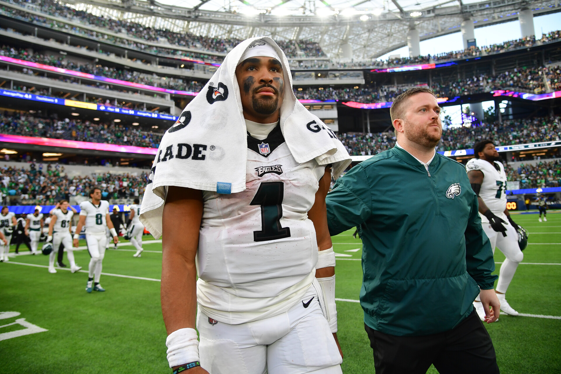 Oct 8, 2023; Inglewood, California, USA; Philadelphia Eagles quarterback Jalen Hurts (1) reacts following the victory against the Los Angeles Rams at SoFi Stadium.