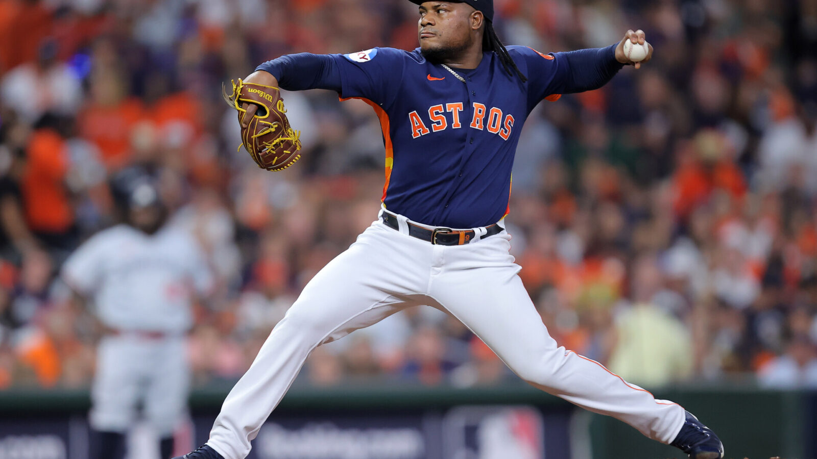 Oct 8, 2023; Houston, Texas, USA; Houston Astros starting pitcher Framber Valdez (59) throws a pitch against the Minnesota Twins in the first inning for game two of the ALDS for the 2023 MLB playoffs at Minute Maid Park.