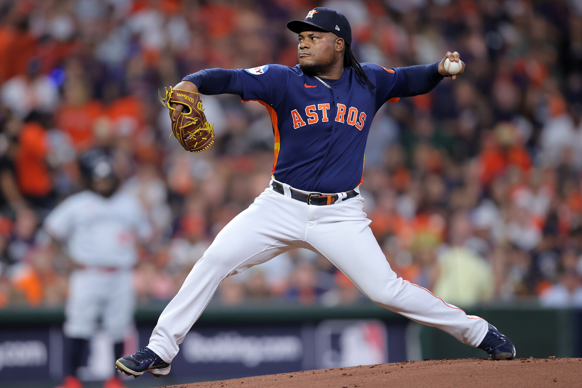 Oct 8, 2023; Houston, Texas, USA; Houston Astros starting pitcher Framber Valdez (59) throws a pitch against the Minnesota Twins in the first inning for game two of the ALDS for the 2023 MLB playoffs at Minute Maid Park.