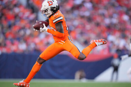 Oct 8, 2023; Denver, Colorado, USA; Denver Broncos wide receiver Jerry Jeudy (10) catches the ball in the second half against the New York Jets at Empower Field at Mile High.