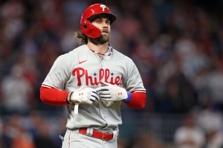 Oct 9, 2023; Cumberland, Georgia, USA; Philadelphia Phillies designated hitter Bryce Harper (3) walks during the ninth inning against the Atlanta Braves in game two of the NLDS for the 2023 MLB playoffs at Truist Park.