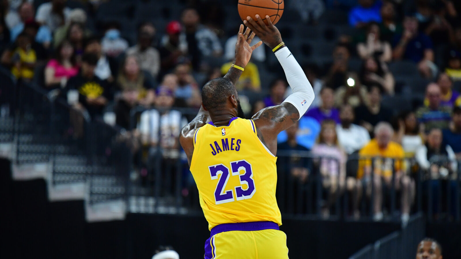 Oct 9, 2023; Las Vegas, Nevada, USA; Los Angeles Lakers forward LeBron James (23) shoots against the Brooklyn Nets during the first half at T-Mobile Arena.