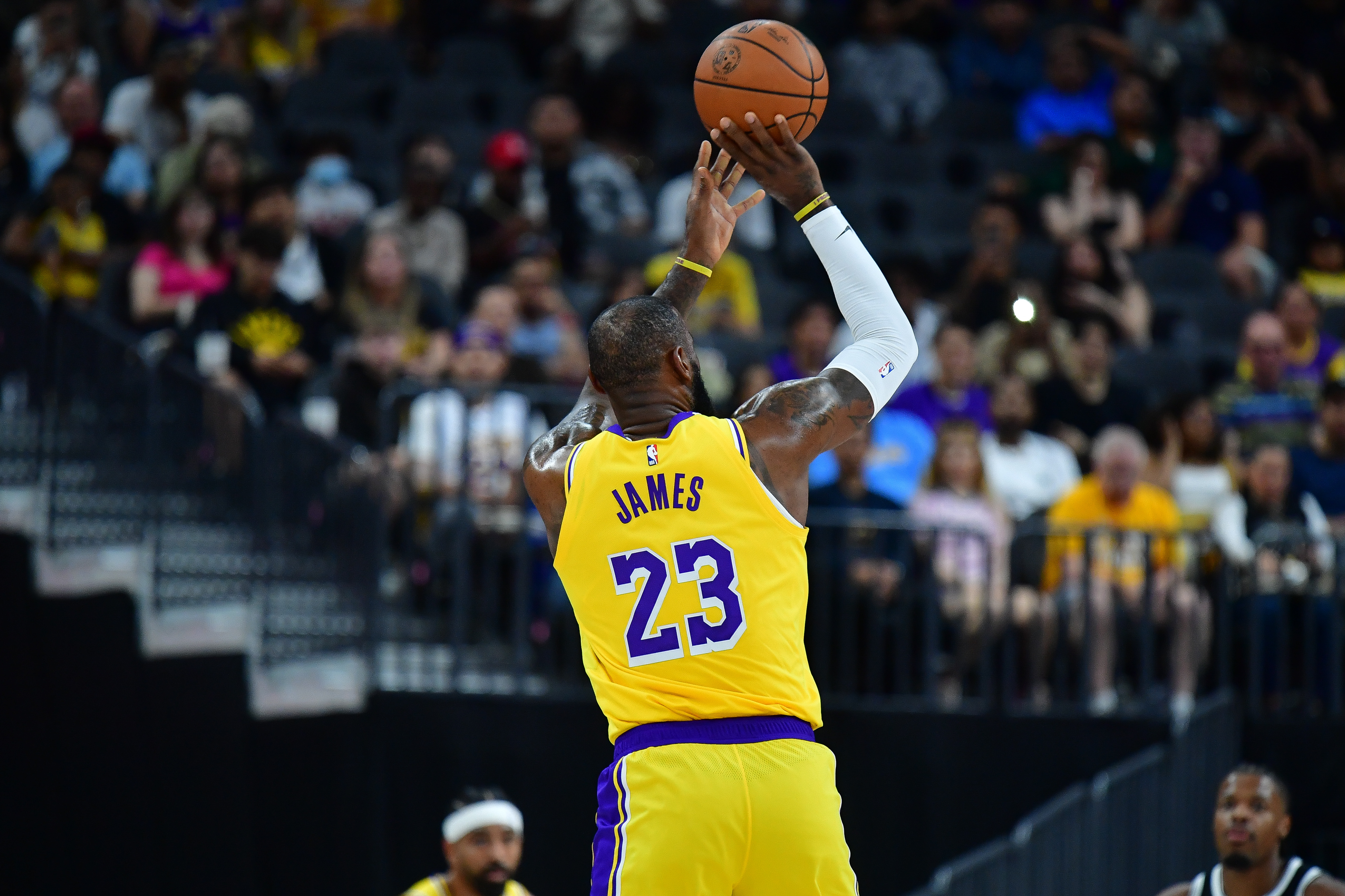 Oct 9, 2023; Las Vegas, Nevada, USA; Los Angeles Lakers forward LeBron James (23) shoots against the Brooklyn Nets during the first half at T-Mobile Arena.
