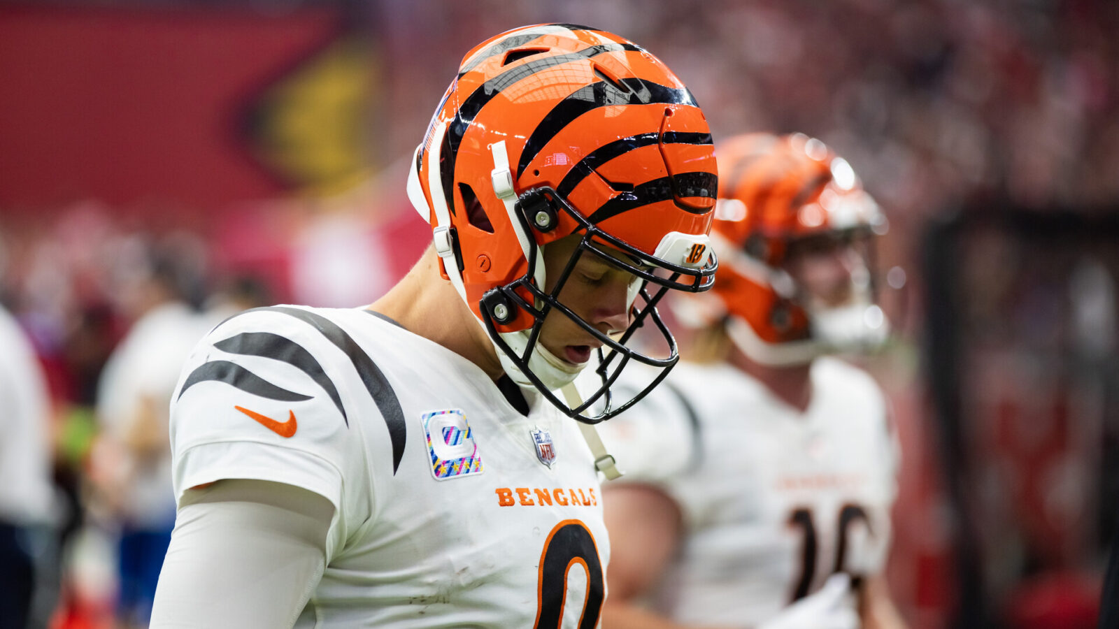 Oct 8, 2023; Glendale, Arizona, USA; Cincinnati Bengals quarterback Joe Burrow (9) reacts against the Arizona Cardinals at State Farm Stadium.