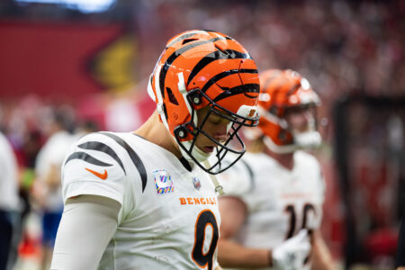 Oct 8, 2023; Glendale, Arizona, USA; Cincinnati Bengals quarterback Joe Burrow (9) reacts against the Arizona Cardinals at State Farm Stadium.