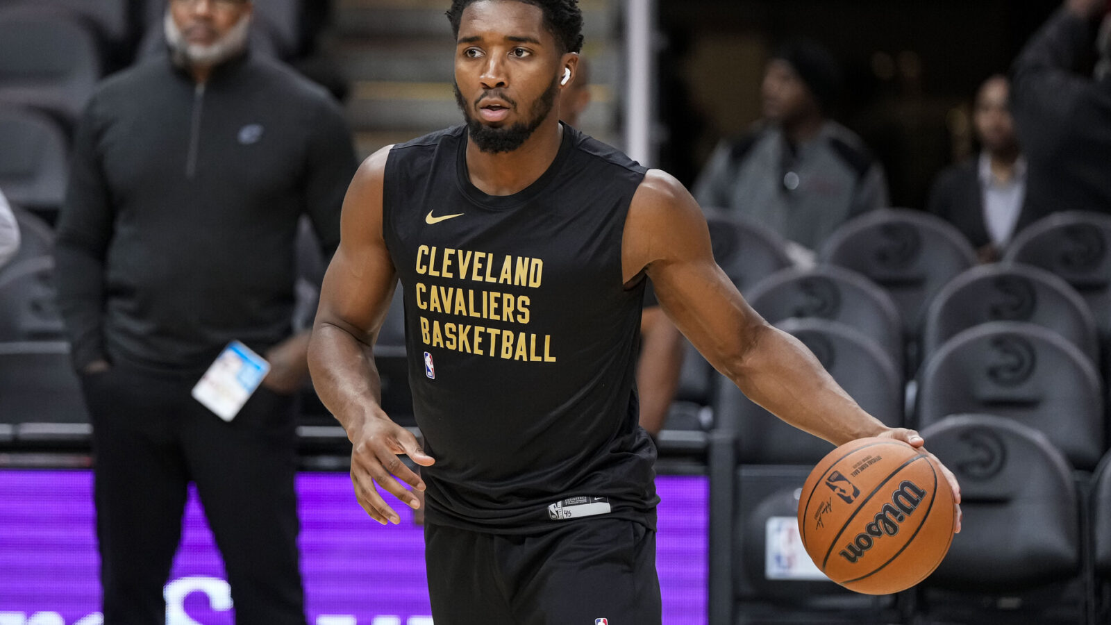 Oct 10, 2023; Atlanta, Georgia, USA; Cleveland Cavaliers guard Donovan Mitchell (45) warms up prior to the game against the Atlanta Hawks at State Farm Arena.
