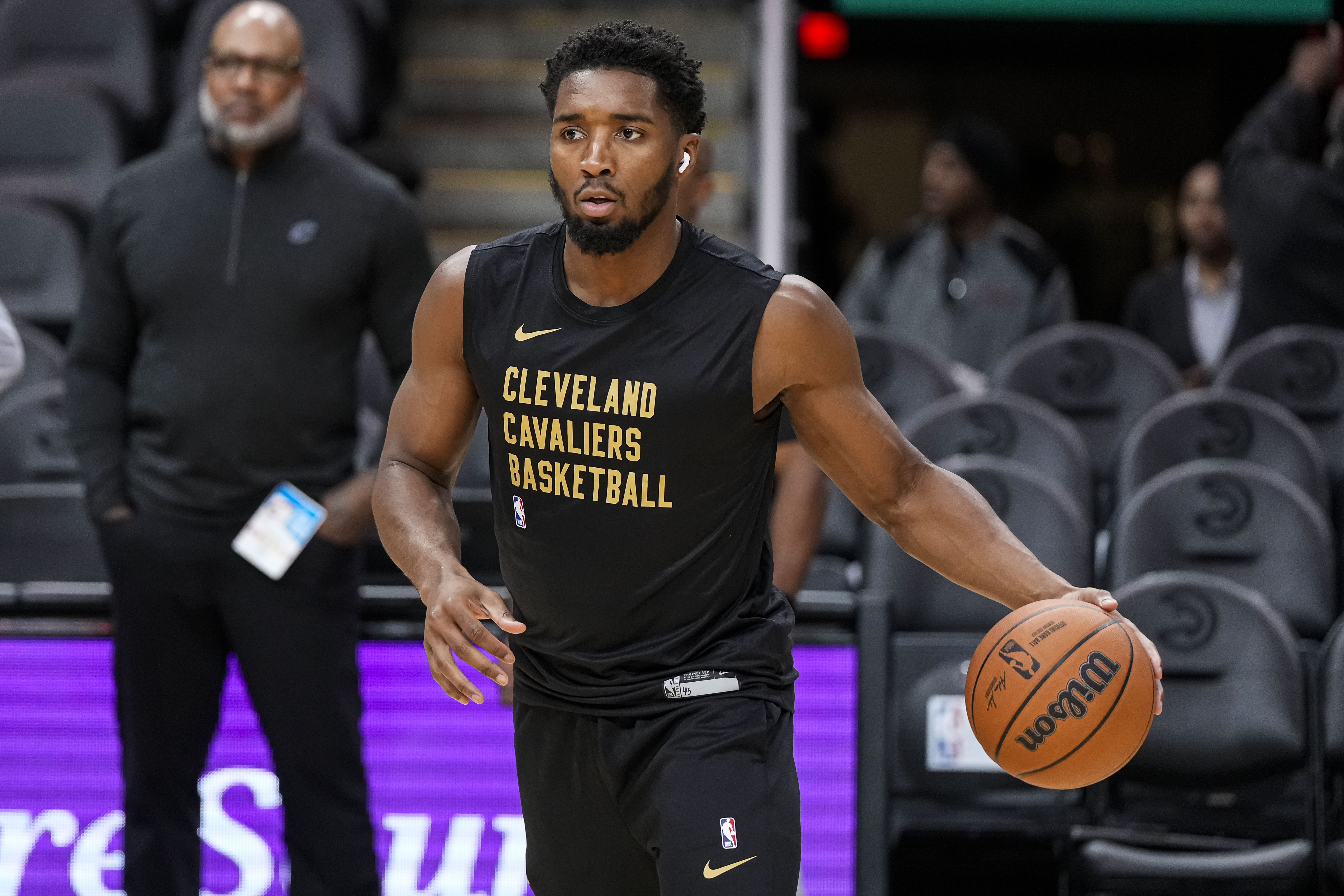 Oct 10, 2023; Atlanta, Georgia, USA; Cleveland Cavaliers guard Donovan Mitchell (45) warms up prior to the game against the Atlanta Hawks at State Farm Arena.