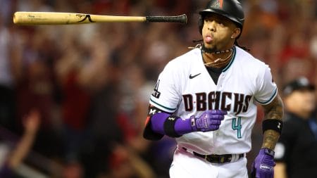 Arizona Diamondbacks second baseman Ketel Marte (4) reacts after hitting a home run against the Los Angeles Dodgers in the third inning for game three of the NLDS for the 2023 MLB playoffs at Chase Field.