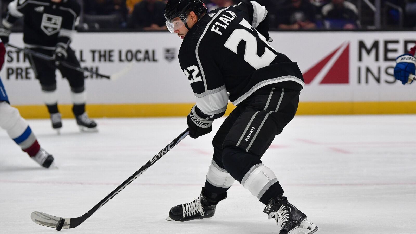 Oct 11, 2023; Los Angeles, California, USA; Los Angeles Kings left wing Kevin Fiala (22) moves in for a shot on goal against the Colorado Avalanche during the second period at Crypto.com Arena.