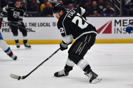 Oct 11, 2023; Los Angeles, California, USA; Los Angeles Kings left wing Kevin Fiala (22) moves in for a shot on goal against the Colorado Avalanche during the second period at Crypto.com Arena.