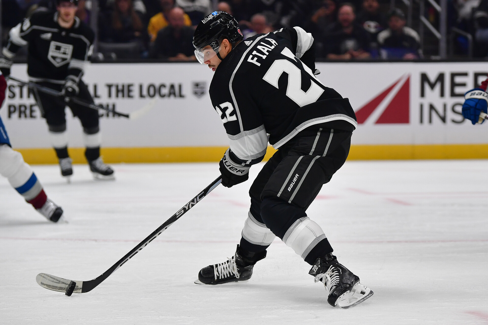 Oct 11, 2023; Los Angeles, California, USA; Los Angeles Kings left wing Kevin Fiala (22) moves in for a shot on goal against the Colorado Avalanche during the second period at Crypto.com Arena.