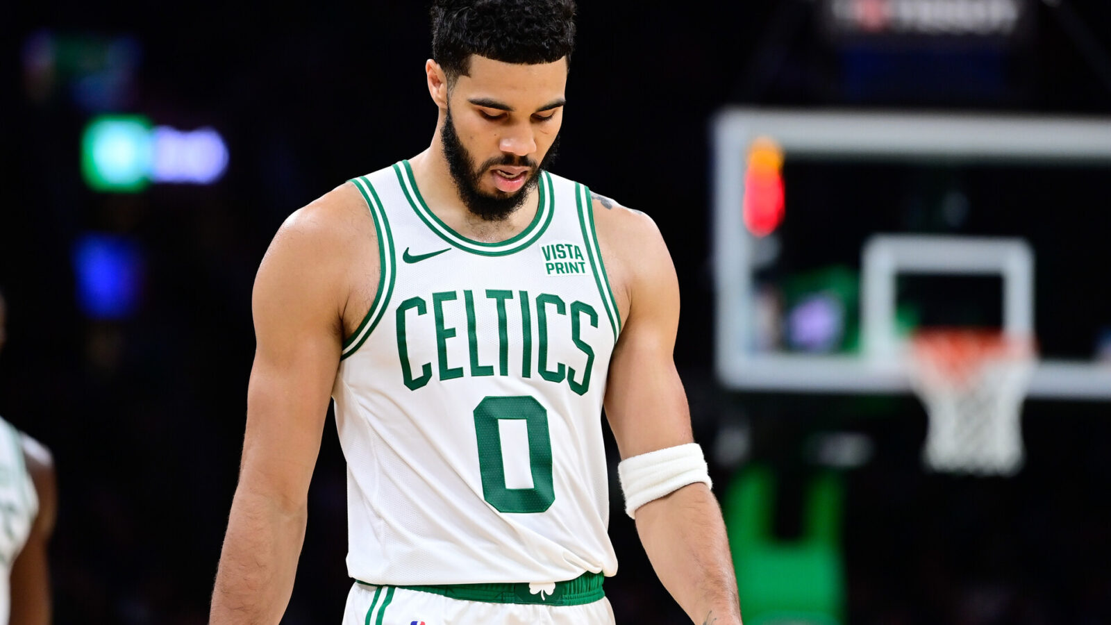 Oct 8, 2023; Boston, Massachusetts, USA; Boston Celtics forward Jayson Tatum (0) walks up the court during a break in a game against the Philadelphia 76ers during the second half at TD Garden.