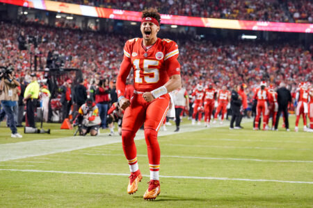 Oct 12, 2023; Kansas City, Missouri, USA; Kansas City Chiefs quarterback Patrick Mahomes (15) celebrates toward fans against the Denver Broncos prior to a game at GEHA Field at Arrowhead Stadium.