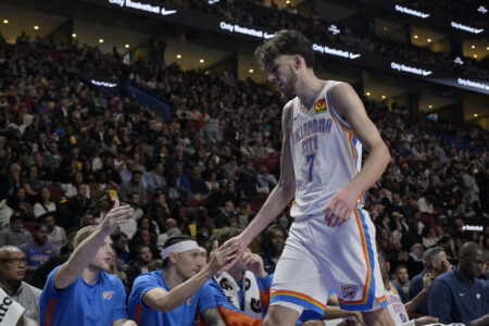 Oct 12, 2023; Montreal, Quebec, CAN; Oklahoma City Thunder center Chet Holmgren (7) comes back to the bench during the fourth quarter against the Detroit Pistons at the Bell Centre.