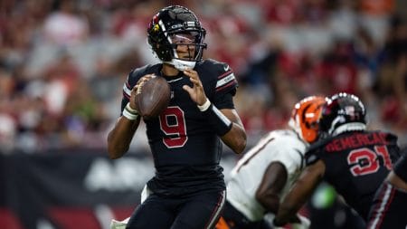 Oct 8, 2023; Glendale, Arizona, USA; Arizona Cardinals quarterback Joshua Dobbs (9) against the Cincinnati Bengals at State Farm Stadium.