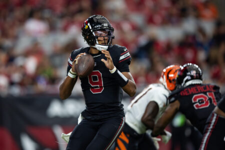Oct 8, 2023; Glendale, Arizona, USA; Arizona Cardinals quarterback Joshua Dobbs (9) against the Cincinnati Bengals at State Farm Stadium.