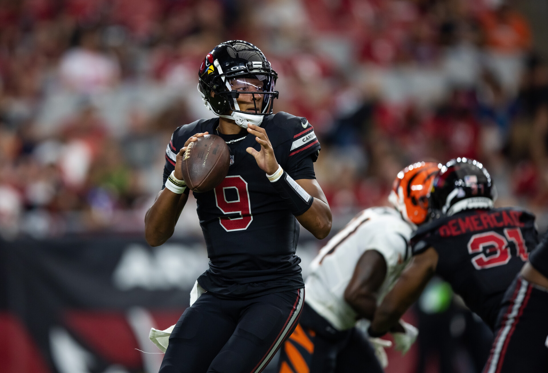 Oct 8, 2023; Glendale, Arizona, USA; Arizona Cardinals quarterback Joshua Dobbs (9) against the Cincinnati Bengals at State Farm Stadium.