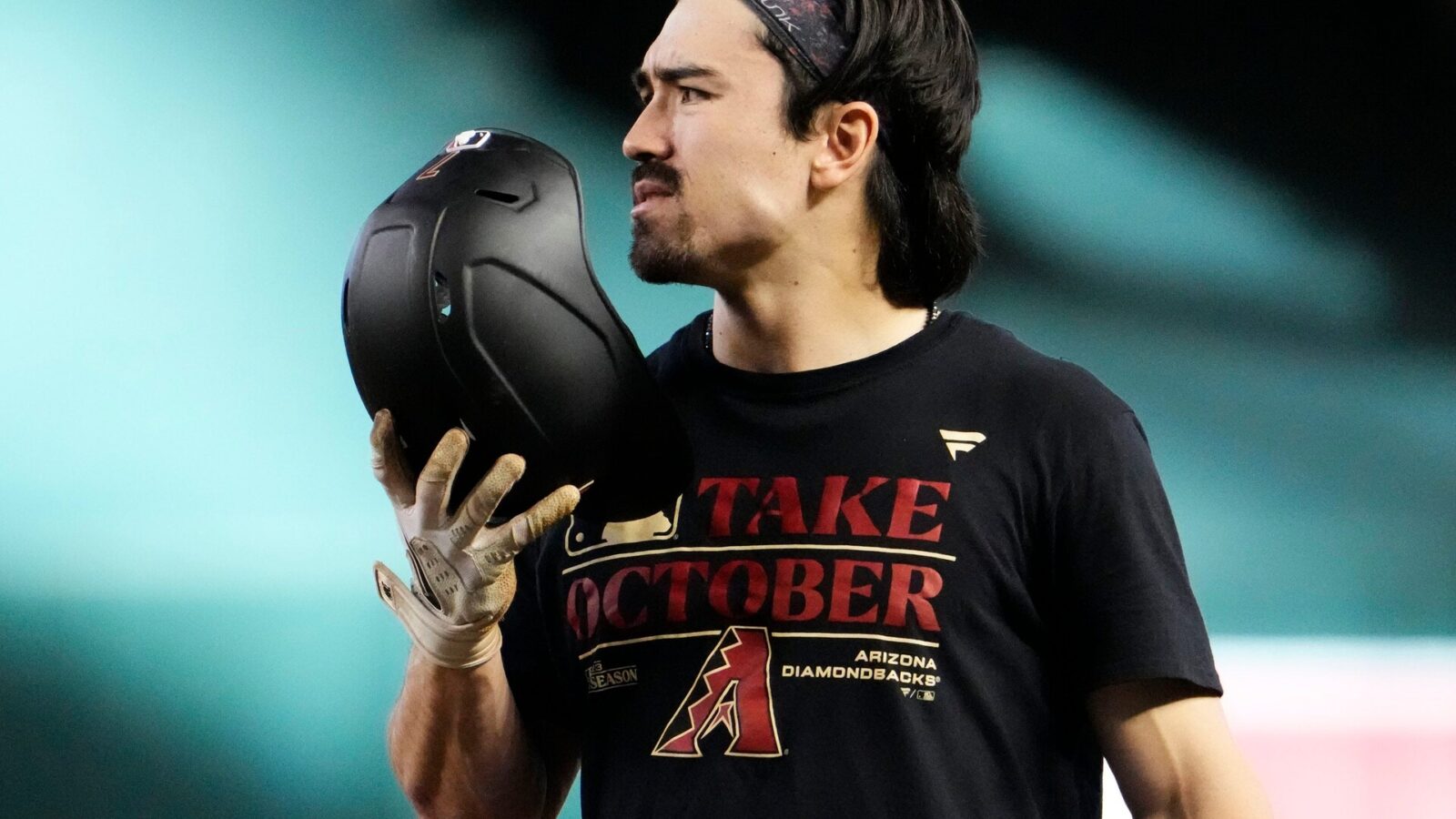 Oct 13, 2023; Phoenix, AZ, USA; Arizona Diamondbacks Corbin Carroll during a simulated game at Chase Field preparing for their NLCS matchup against the Philadelphia Phillies.
