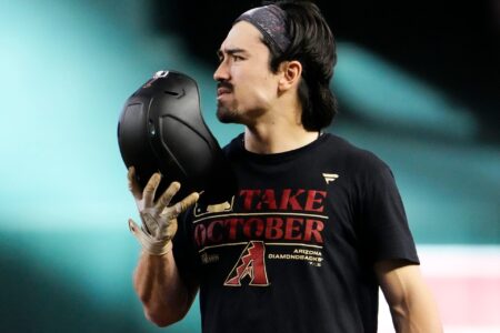 Oct 13, 2023; Phoenix, AZ, USA; Arizona Diamondbacks Corbin Carroll during a simulated game at Chase Field preparing for their NLCS matchup against the Philadelphia Phillies.