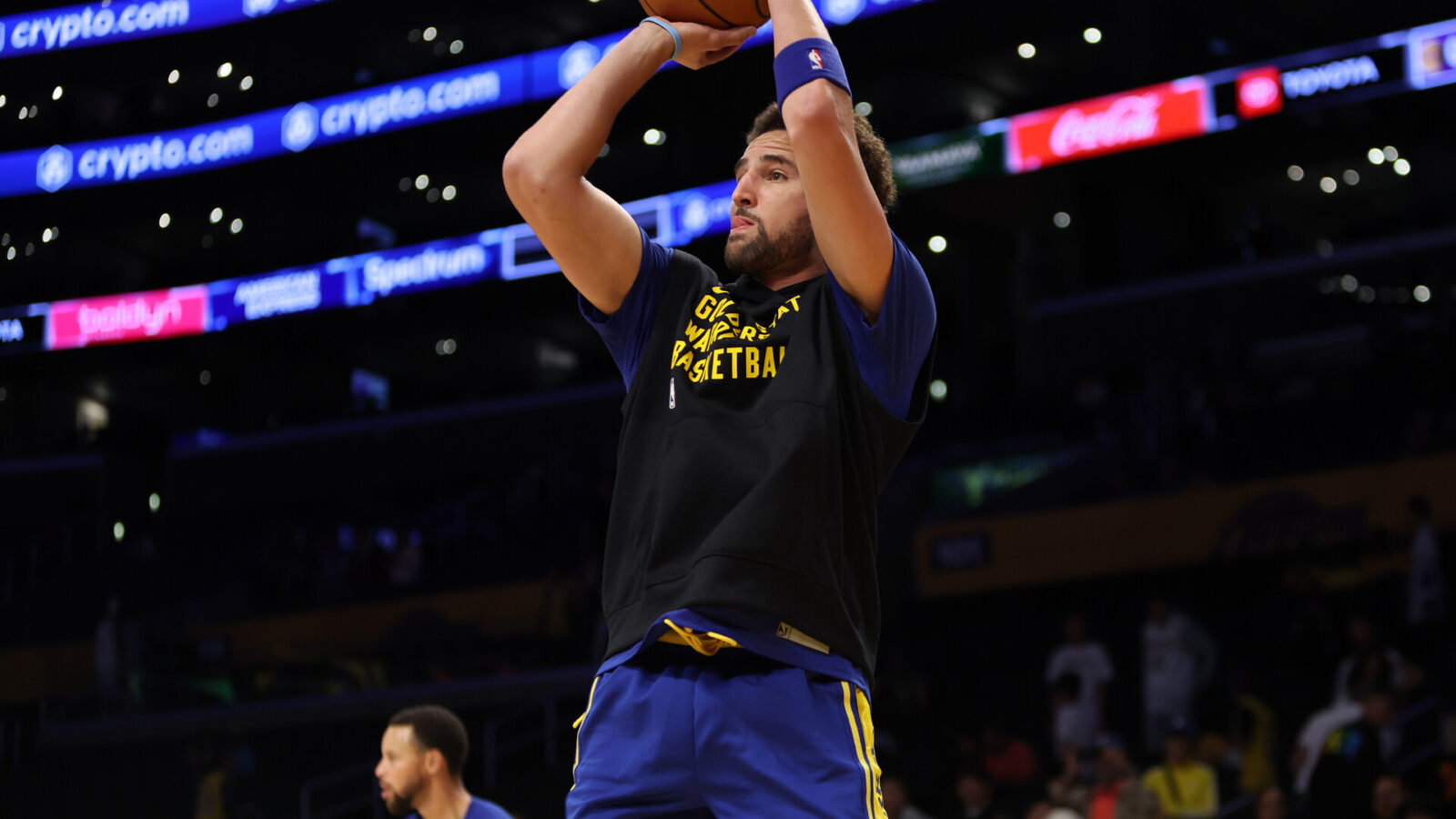 Oct 13, 2023; Los Angeles, California, USA; Golden State Warriors guard Klay Thompson (11) warms up before the game against the Los Angeles Lakers at Crypto.com Arena.