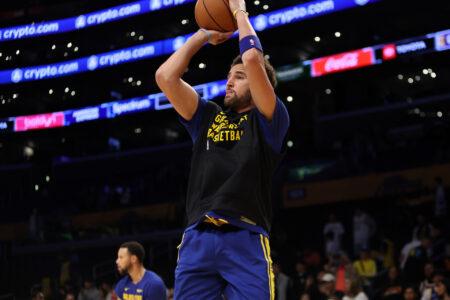 Oct 13, 2023; Los Angeles, California, USA; Golden State Warriors guard Klay Thompson (11) warms up before the game against the Los Angeles Lakers at Crypto.com Arena.