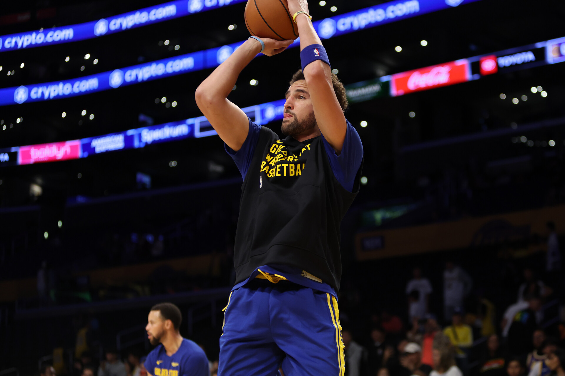 Oct 13, 2023; Los Angeles, California, USA; Golden State Warriors guard Klay Thompson (11) warms up before the game against the Los Angeles Lakers at Crypto.com Arena.