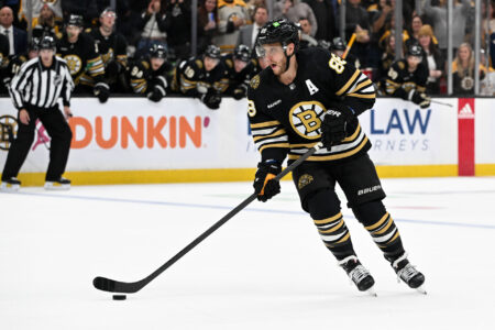 Oct 14, 2023; Boston, Massachusetts, USA; Boston Bruins right wing David Pastrnak (88) skates during a penalty shot against the Nashville Predators during the second period at the TD Garden.