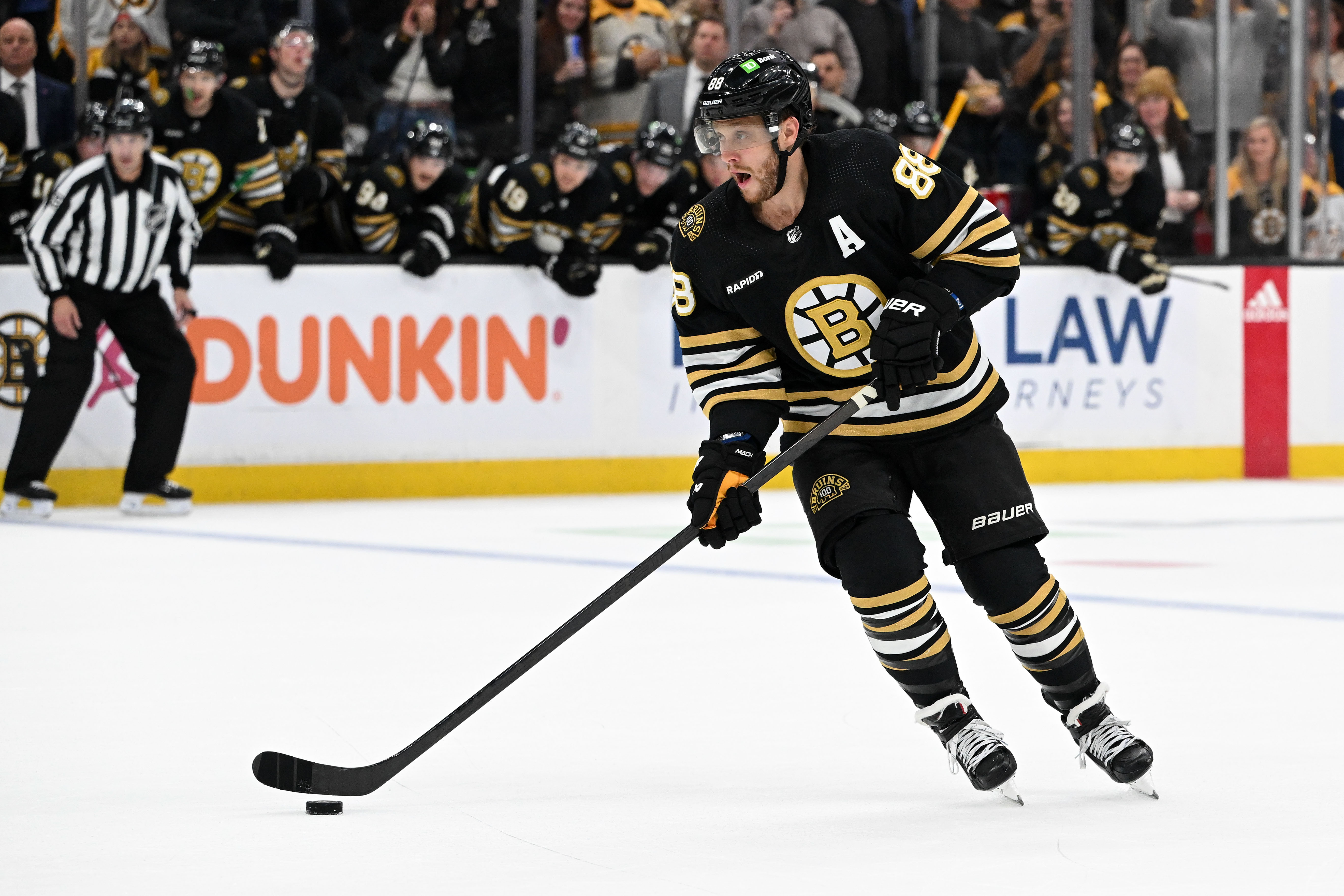 Oct 14, 2023; Boston, Massachusetts, USA; Boston Bruins right wing David Pastrnak (88) skates during a penalty shot against the Nashville Predators during the second period at the TD Garden.