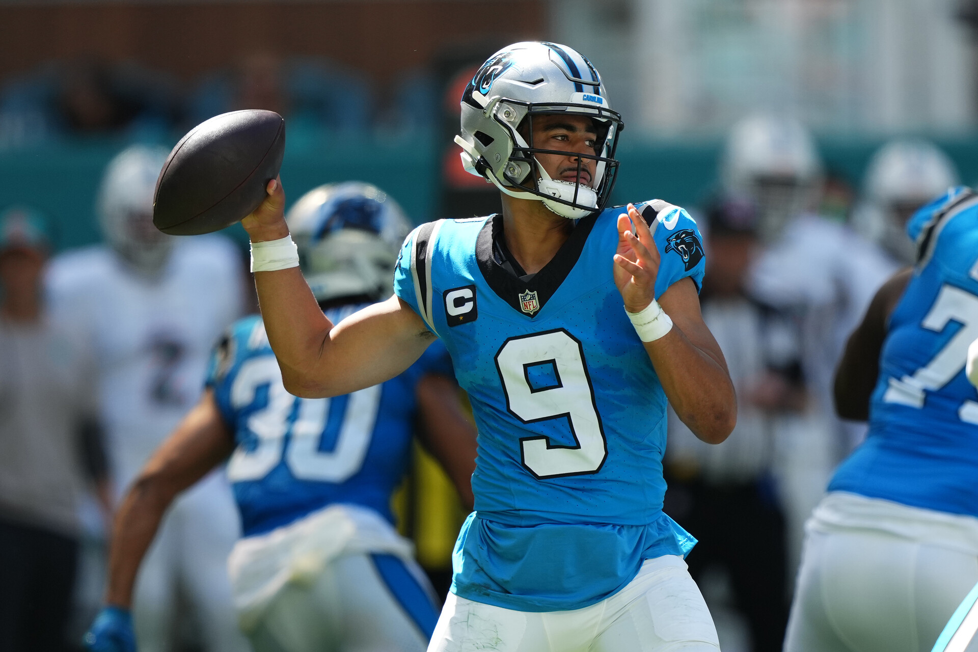 Oct 15, 2023; Miami Gardens, Florida, USA; Carolina Panthers quarterback Bryce Young (9) attempts a pass against the Miami Dophins during the first half at Hard Rock Stadium.