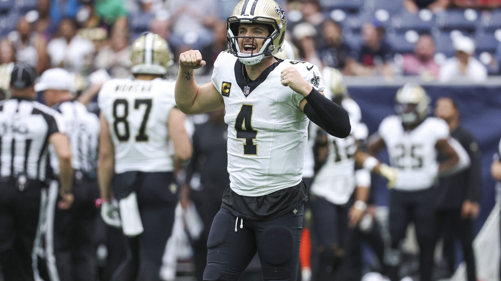 Oct 15, 2023; Houston, Texas, USA; New Orleans Saints quarterback Derek Carr (4) reacts after a play during the third quarter against the Houston Texans at NRG Stadium.