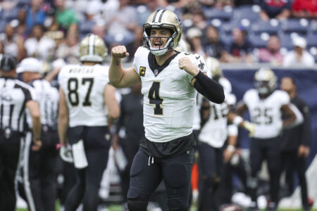 Oct 15, 2023; Houston, Texas, USA; New Orleans Saints quarterback Derek Carr (4) reacts after a play during the third quarter against the Houston Texans at NRG Stadium.